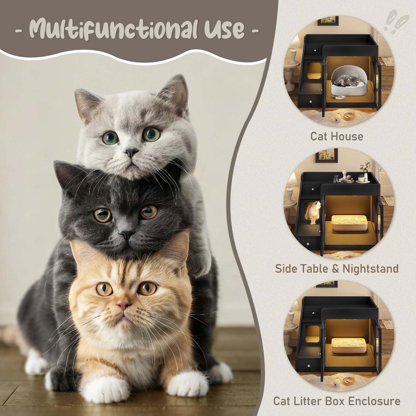GO Cat Litter Box Enclosure With Light , Hidden Litter Box Furniture With 2 Storage Drawers, Indoor Cat House Side Table For Living Room, Black