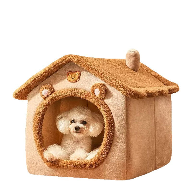 Cozy Villa Dog & Cat House - Ultra Soft Flannel Pet Kennel with Washable Cushion