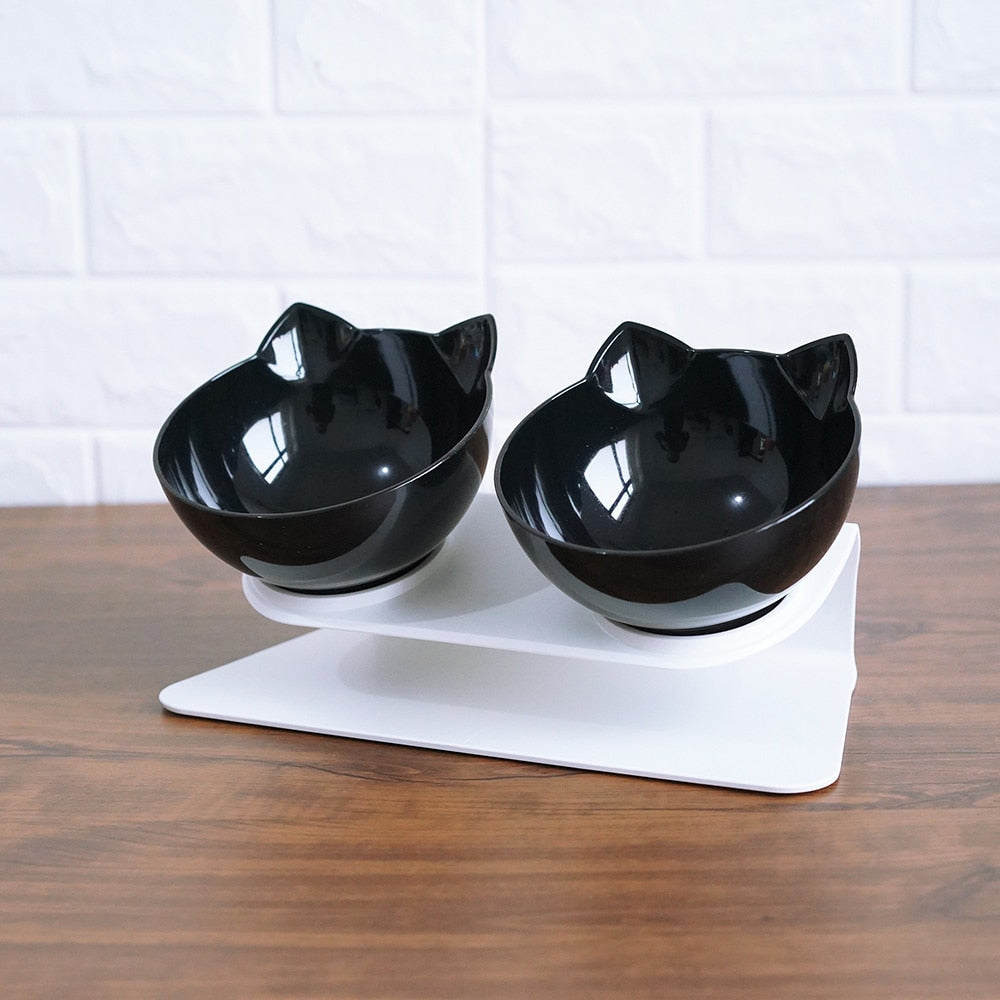 Orthopedic 15° Tilted Double Pet Feeder with Cat-Shaped Bowls