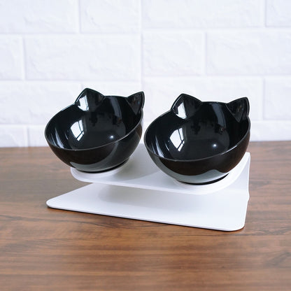 Orthopedic 15° Tilted Double Pet Feeder with Cat-Shaped Bowls