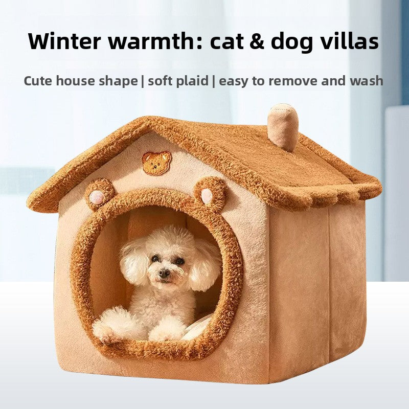 Cozy Villa Dog & Cat House - Ultra Soft Flannel Pet Kennel with Washable Cushion