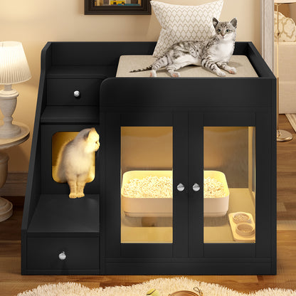 GO Cat Litter Box Enclosure With  Light , Hidden Litter Box Furniture With 2 Storage Drawers, Indoor Cat House Side Table For Living Room, Black