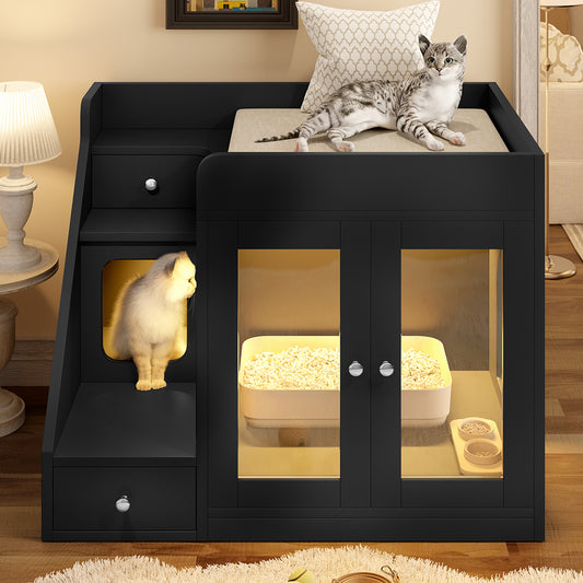GO Cat Litter Box Enclosure With  Light , Hidden Litter Box Furniture With 2 Storage Drawers, Indoor Cat House Side Table For Living Room, Black