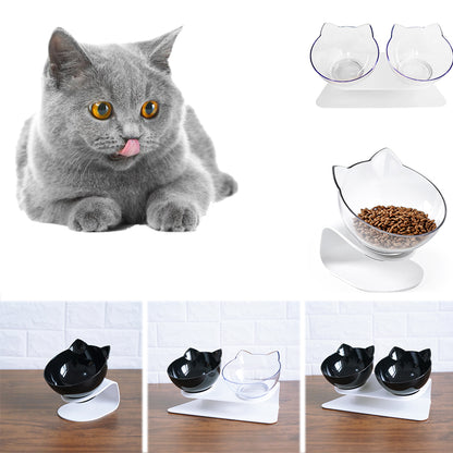 Orthopedic 15° Tilted Double Pet Feeder with Cat-Shaped Bowls