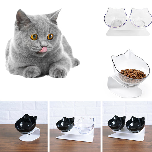Orthopedic 15° Tilted Double Pet Feeder with Cat-Shaped Bowls