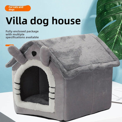 Cozy Villa Dog & Cat House - Ultra Soft Flannel Pet Kennel with Washable Cushion