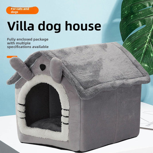 Cozy Villa Dog & Cat House - Ultra Soft Flannel Pet Kennel with Washable Cushion