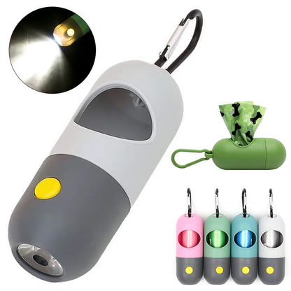 LED Light Pet Waste Bag Dispenser - Leak-Proof Dog Poop Bag Holder with Flashlight & Carabiner Clip for Safe Night Walks
