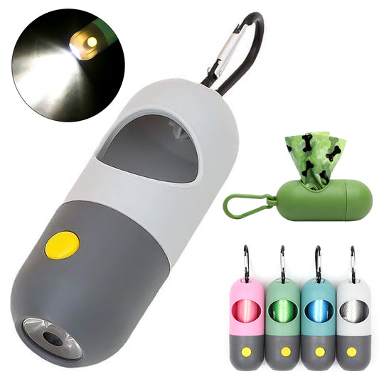 LED Light Pet Waste Bag Dispenser - Leak-Proof Dog Poop Bag Holder with Flashlight & Carabiner Clip for Safe Night Walks